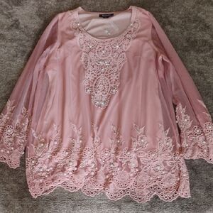 Roaman's NWT Sheer Mesh Illusion Tunic Pearl And Bead Embellished